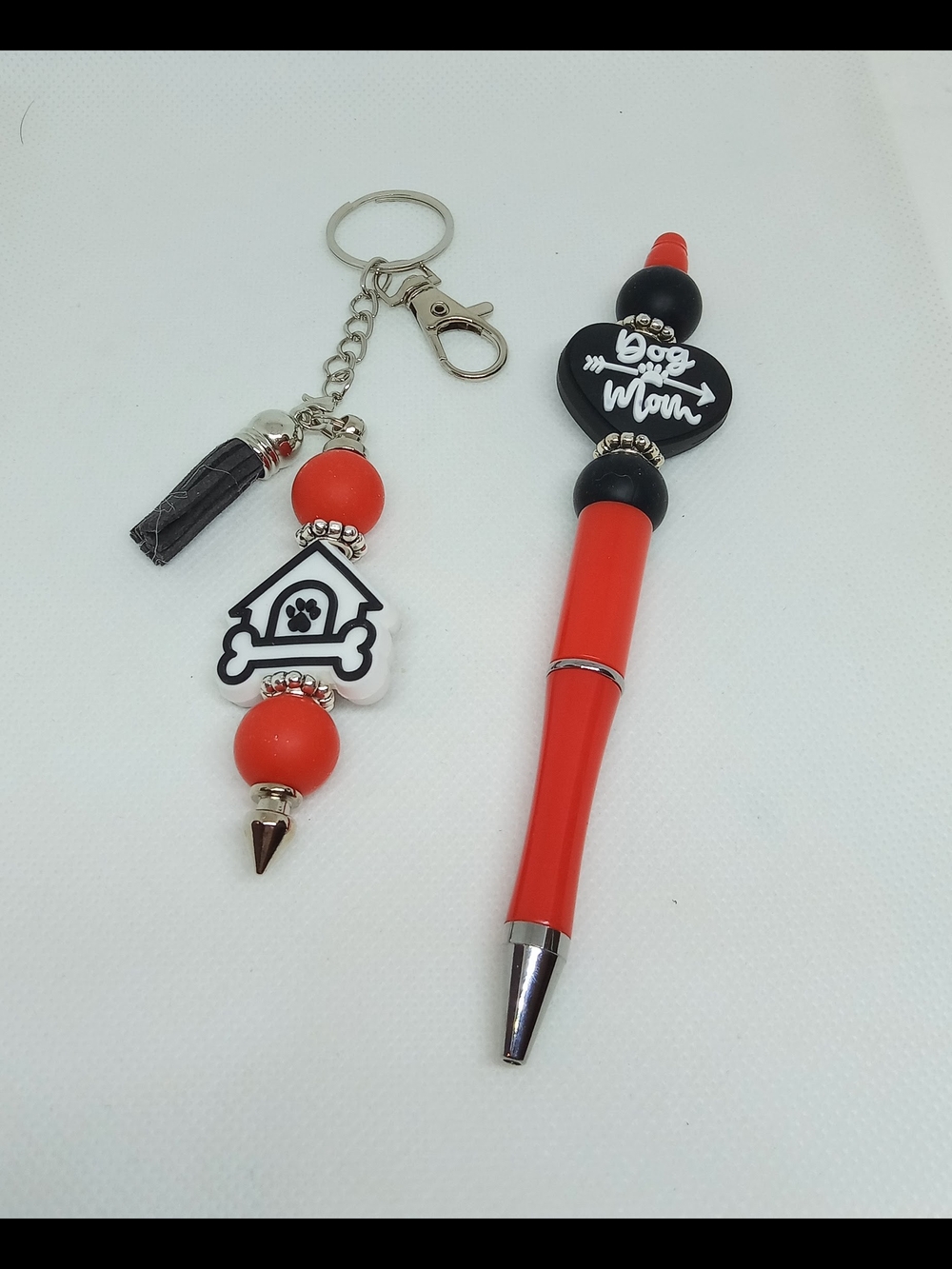 Dog Mom Red Beaded Keychain and Pen Set NEW Handmade